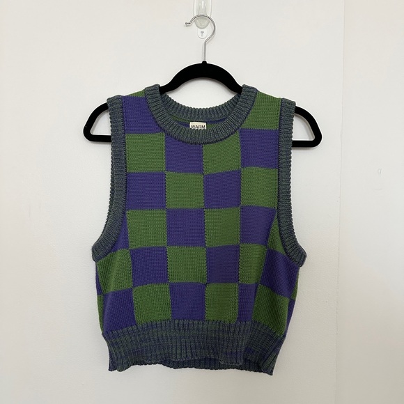 Sweaters - Warm Hugs Only Checkered Wool Knit Vest - Purple & Green Sweater Vest